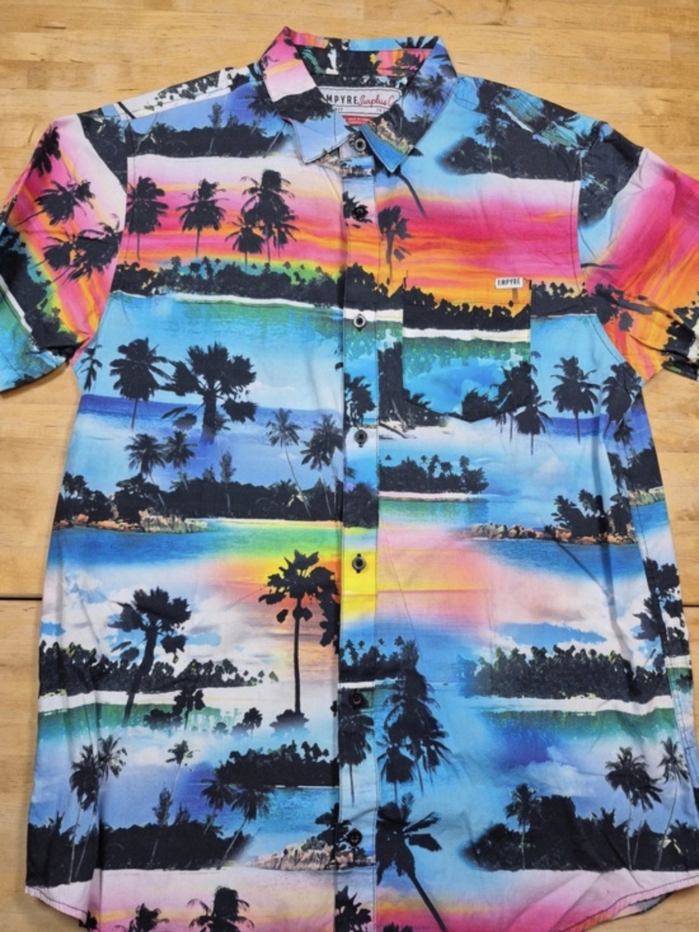 Empyre Surplus Co. Tropical Palm Button Down in Blue & Pink Medium